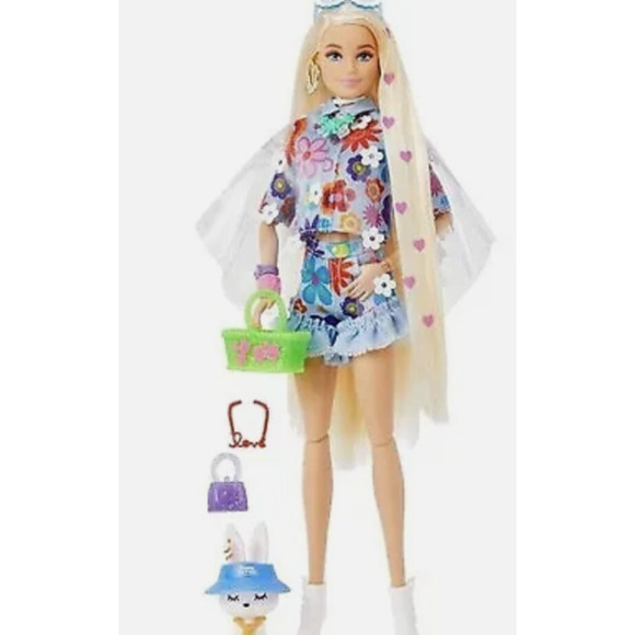Barbie Extra Doll #12 in Floral 2-Piece Outfit with Pet Bunny NWT - Picture 6 of 8